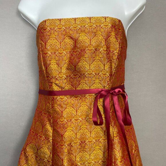 Vintage Y2K Strapless Dress Iridescent Red Gold Ribbon Bow Tie Belt Small A-Line - Picture 3 of 14